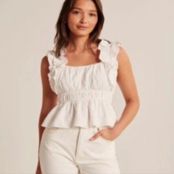 Abercrombie & Fitch Ruffle Strap Linen-Blend Babydoll Top - Picture 1 of 5